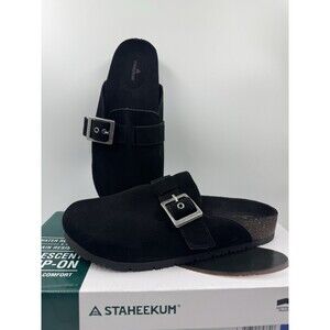 Staheekum Womens Clogs Black Shoes Buckle Water Repellent Slip-On Suede Upper 7